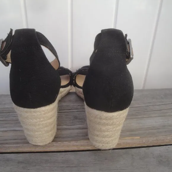 Lucky Brand Wedge Espadrilles Black with frayed edge Ankle Strap 7M