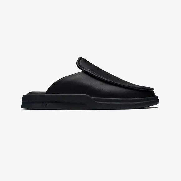 LUSSO Esto Black Smooth Leather Unisex Slides / Slippers