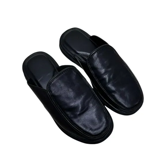 LUSSO Esto Black Smooth Leather Unisex Slides / Slippers