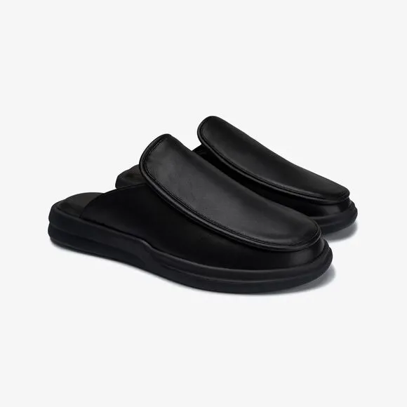 LUSSO Esto Black Smooth Leather Unisex Slides / Slippers