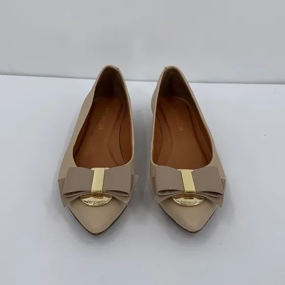 Luz Da Lua pointed toe ballet flat shoe tan cream leather patent bow 36 5 5.5