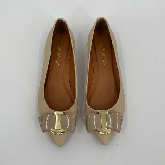 Luz Da Lua pointed toe ballet flat shoe tan cream leather patent bow 36 5 5.5