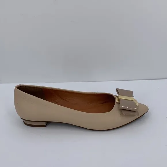 Luz Da Lua pointed toe ballet flat shoe tan cream leather patent bow 36 5 5.5