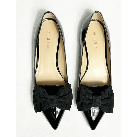 M. Gemi Patent Leather Pointed Toe Bow Flat in Black - Sz 40 (9.5)