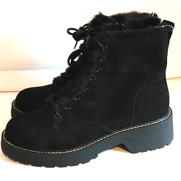 MADDEN GIRL CARRA MOTO BOOTS BLACK FUR LINED LACE UP COMBAT BOOTS SIZE 9 NWT