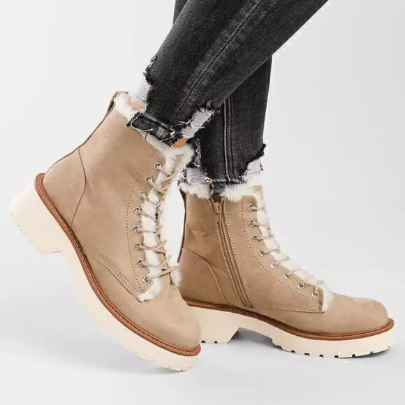 Madden Girl Carraf Hiker Boot Faux Fur Sand Beige Size 9 BRAND NEW
