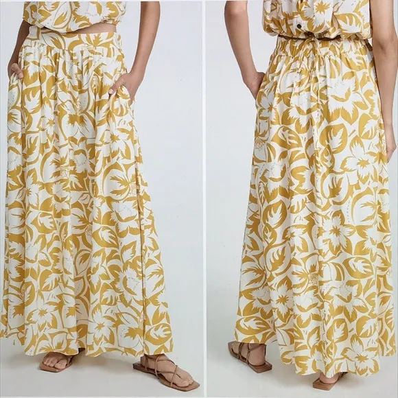 Madewell linen blend shirred maxi skirt S New