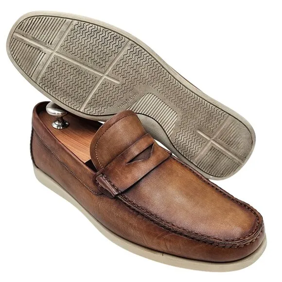 Magnanni Patina Brown Leather Penny Loafers Men's 7.5M Dress Casual Shoes Laguna