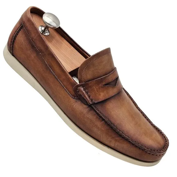 Magnanni Patina Brown Leather Penny Loafers Men's 7.5M Dress Casual Shoes Laguna