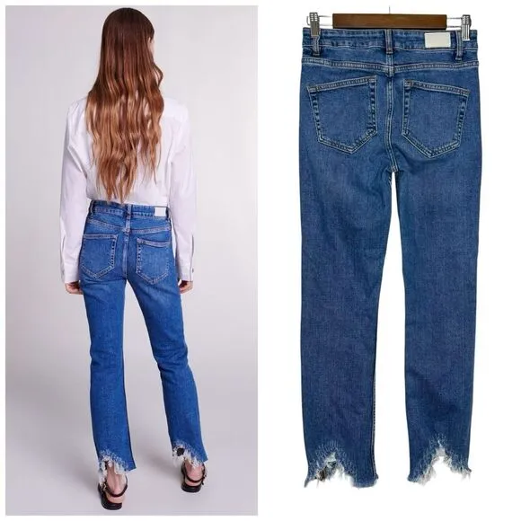 Maje Jeans EU 36 (27.5) Asymmetrical Distressed Fringe Hem Mid-Rise Cropped $365