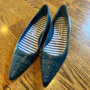 Manila Blahnik Petunia Brogue Patent Leather Blue Flats | Size 38.5