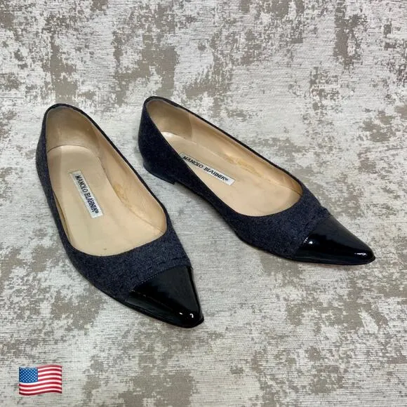 Manolo Blahnik Felt Wool Pointed Cap Toe Flats in Grey/Black