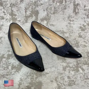 Manolo Blahnik Felt Wool Pointed Cap Toe Flats in Grey/Black