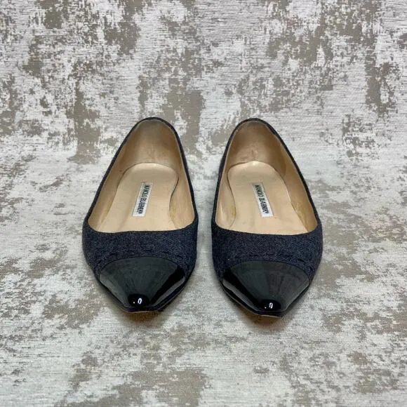 Manolo Blahnik Felt Wool Pointed Cap Toe Flats in Grey/Black