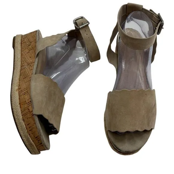Marc Fisher Faitful Tan Suede Platform Scalloped Wedge Sandals