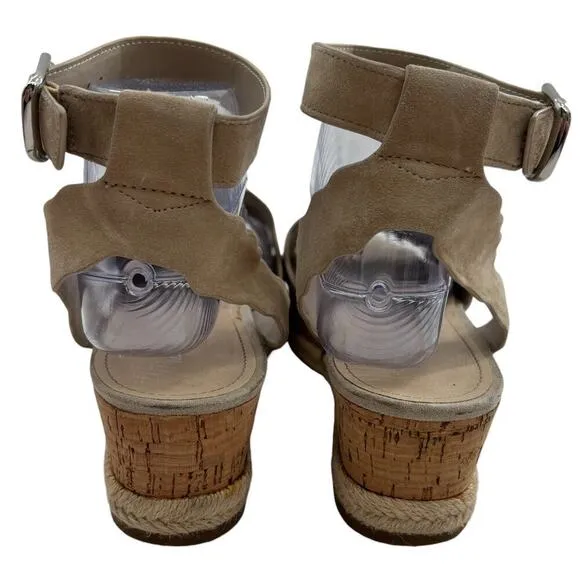 Marc Fisher Faitful Tan Suede Platform Scalloped Wedge Sandals