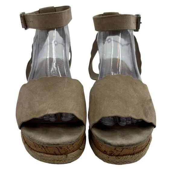 Marc Fisher Faitful Tan Suede Platform Scalloped Wedge Sandals