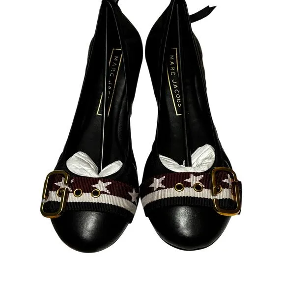Marc Jacobs Dolly Leather Buckled Ballerina Flats Size 8.5 Black Stars Comfort