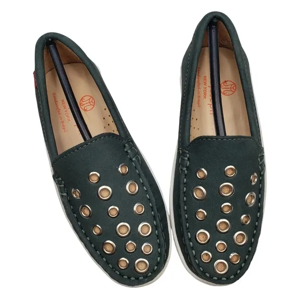 Marc Joseph | NIB Mott St Emerald Green Nobuck Silver Grommet Loafers Girl's 11