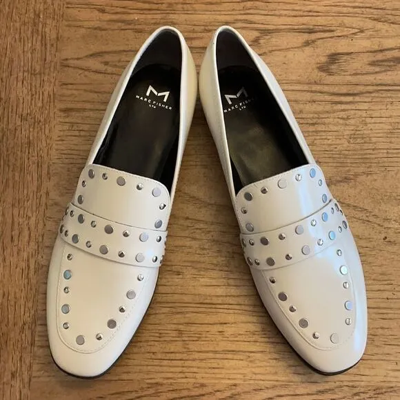 MARC FISHER WHITE STUDDED FLATS.  NEW