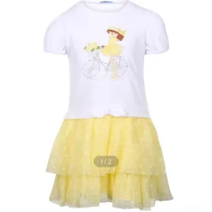 Mayoral White and Yellow Girl's Dress with Bicycle Print