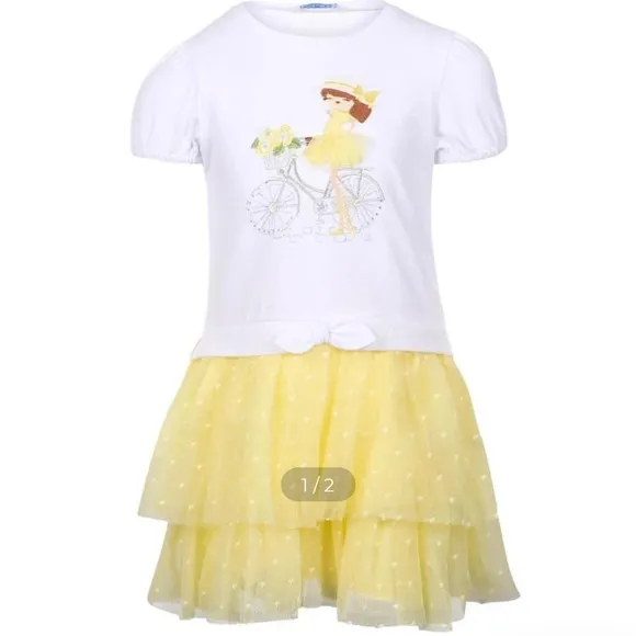 Mayoral White and Yellow Girl's Dress with Bicycle Print