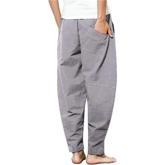 Men's Cotton Linen Harem Pants Casual Loose Hippie Pants, Gray
