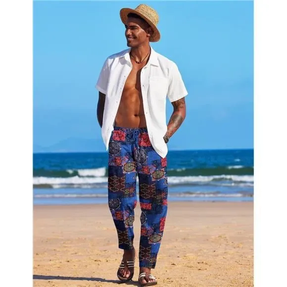 Men's Cotton Linen Harem Pants Casual Loose Hippie Pants, Pat2
