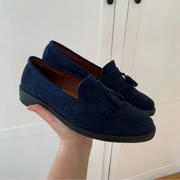 Men’s Navy Blue Suede Leather Tassel Loafers Size 7
