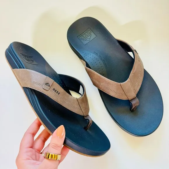 MENS REEF Black Brown Leather Flip Flop Pool Cushion Sandals Slides Shoes 12