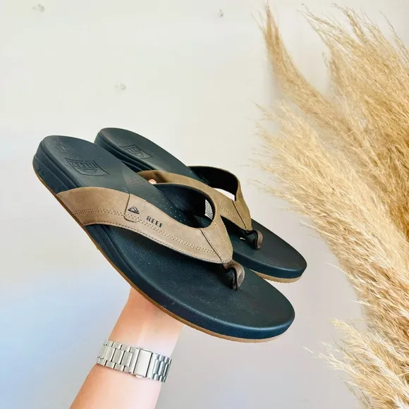 MENS REEF Black Brown Leather Flip Flop Pool Cushion Sandals Slides Shoes 12