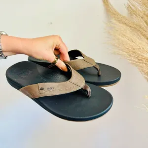 MENS REEF Black Brown Leather Flip Flop Pool Cushion Sandals Slides Shoes 12