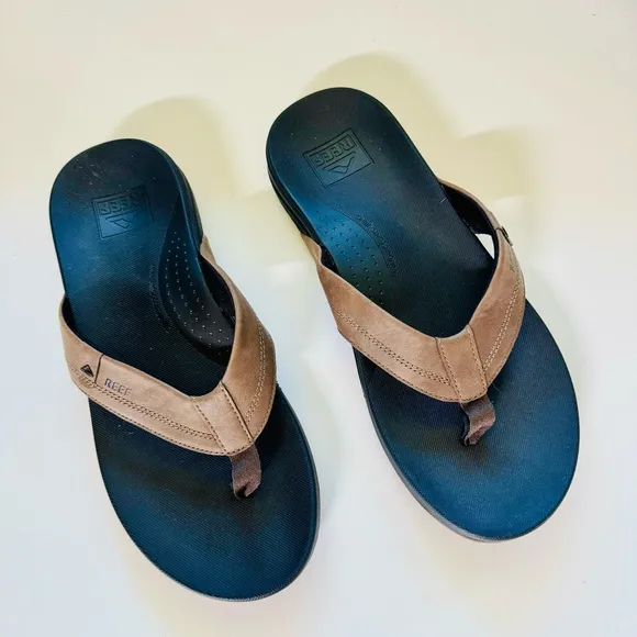 MENS REEF Black Brown Leather Flip Flop Pool Cushion Sandals Slides Shoes 12