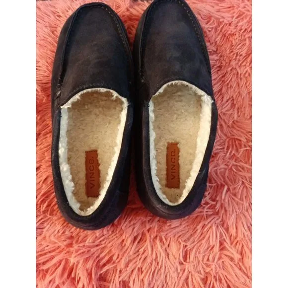 Men's Vince Gomez Leather/Suede/Faux Fur Black Slip On Loafers Size 9.5M