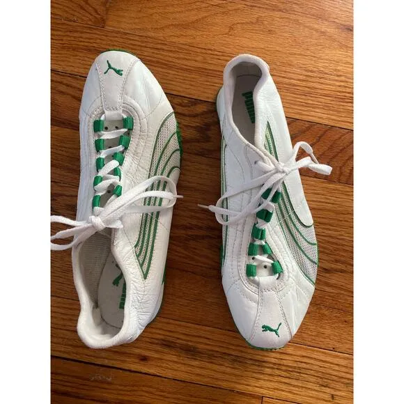 Mens Vintage Puma Leather Mesh Sneakers Lightweight White / Green Sz 7.5/ EUR 40