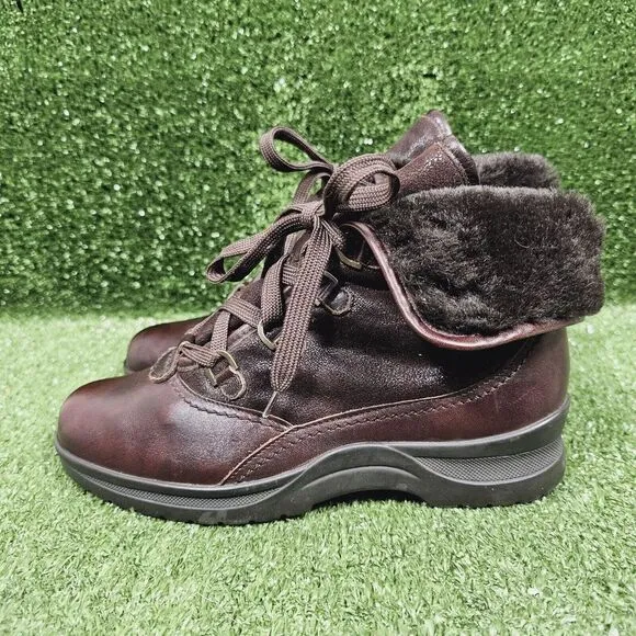 Mephisto Brown Leather Fur Lined Lace Up Ankle Boots Booties‎ Womens Size US 7