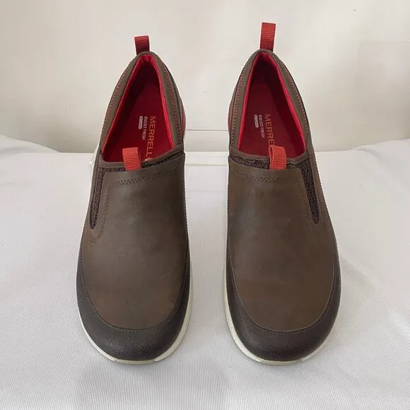 Merrell Bracken Loafers Womens 9.5 Brown Leather Red Slip On Comfort Shoes Flats