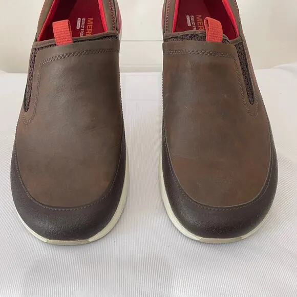Merrell Bracken Loafers Womens 9.5 Brown Leather Red Slip On Comfort Shoes Flats