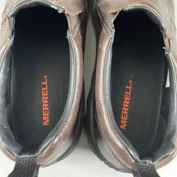 Merrell Jungle Moc Men’s 8.5 W Brown Leather Slip On Moccasin Casual Loafers EUC