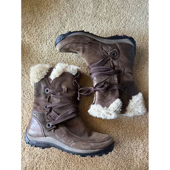 Merrell Waterproof Winter Boots Faux Fur Lined Lace Up Brown Woman's size 8