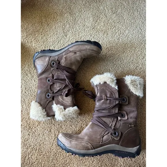 Merrell Waterproof Winter Boots Faux Fur Lined Lace Up Brown Woman's size 8