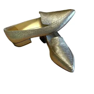 Metallic Gold Genuine Leather Pointed Toe Flats Loafers
