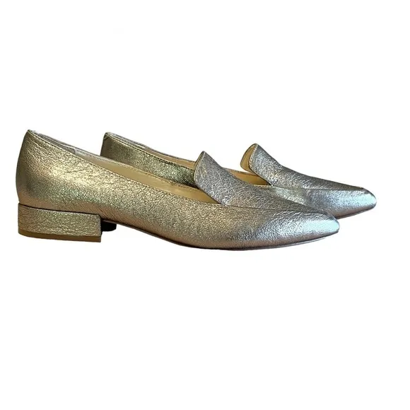 Metallic Gold Genuine Leather Pointed Toe Flats Loafers