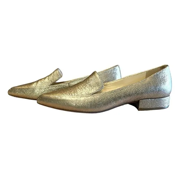 Metallic Gold Genuine Leather Pointed Toe Flats Loafers