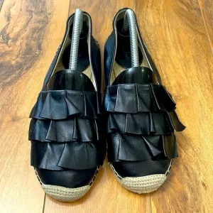 Michael Kors Black Leather Ruffle Espadrilles size 8 or 39. Perfect summer shoe!