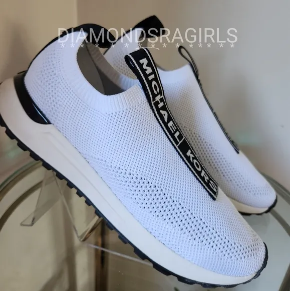 MICHAEL KORS Bodie Logo Tape Mesh Slip-On Trainer White Black Size 8.5