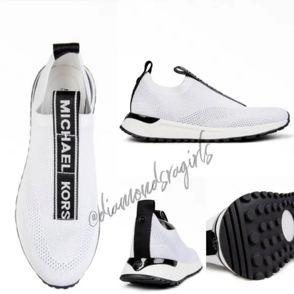 MICHAEL KORS Bodie Logo Tape Mesh Slip-On Trainer White Black Size 8.5