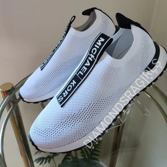 MICHAEL KORS Bodie Logo Tape Mesh Slip-On Trainer White Black Size 8.5