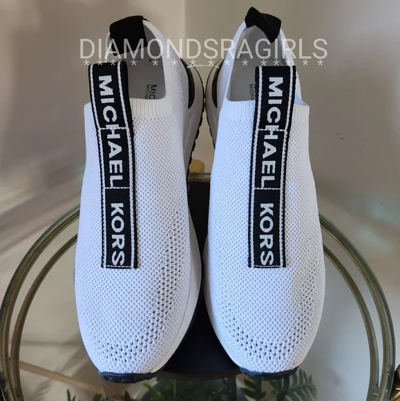 MICHAEL KORS Bodie Logo Tape Mesh Slip-On Trainer White Black Size 8.5