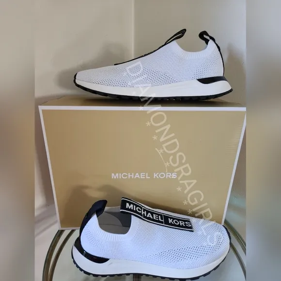MICHAEL KORS Bodie Logo Tape Mesh Slip-On Trainer White Black Size 8.5